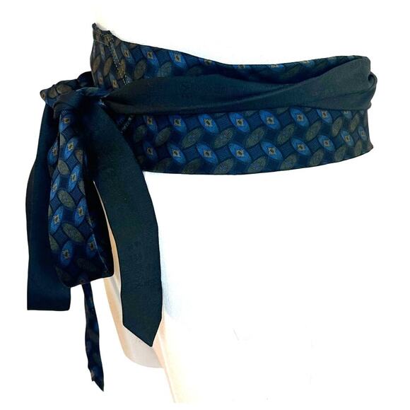 Unique Satin Obi Belt Wide One Size Wrap Green Silk Geometric Upcycle Necktie - Picture 2 of 6